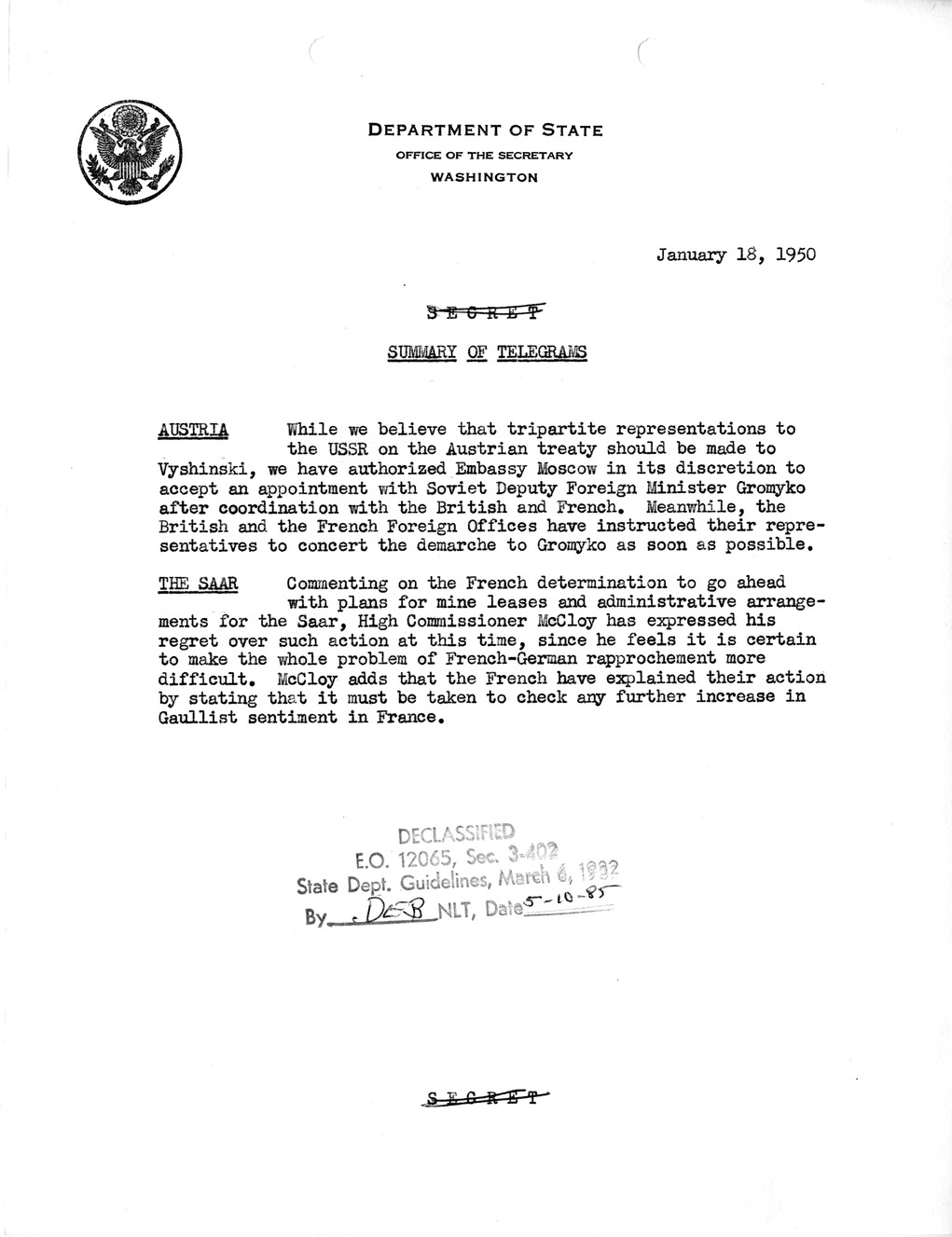 Memorandum, Department of State Summary of Telegrams