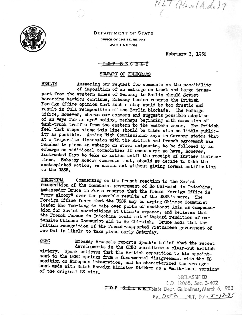 Memorandum, Department of State Summary of Telegrams