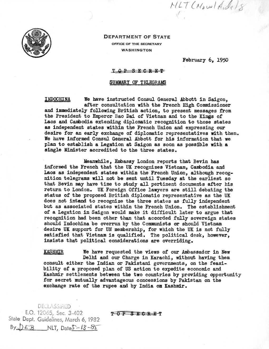 Memorandum, State Department Summary of Telegrams