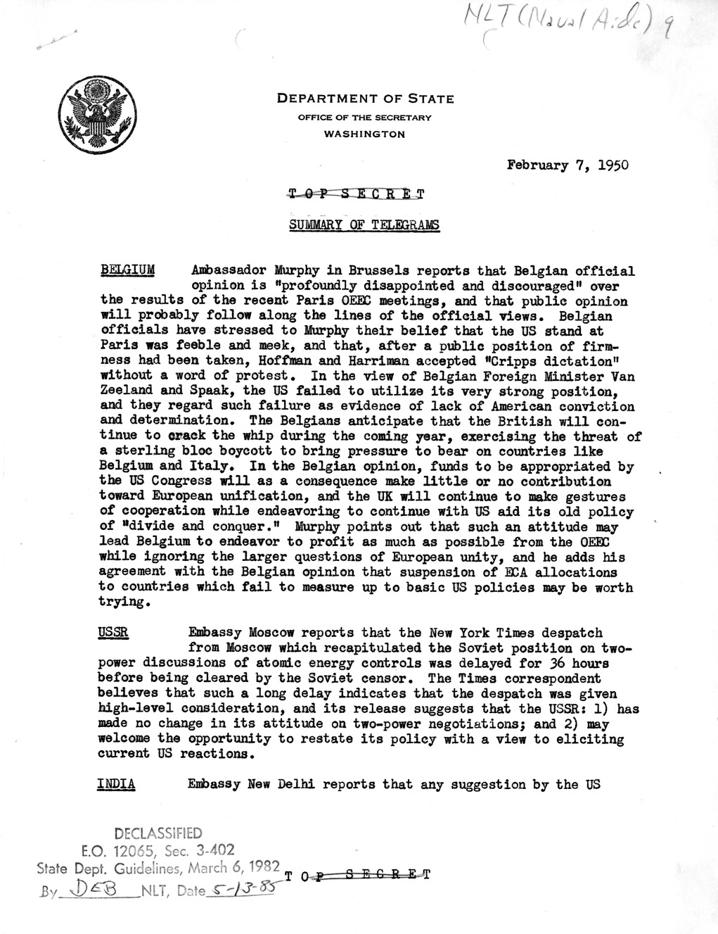 Memorandum, State Department Summary of Telegrams