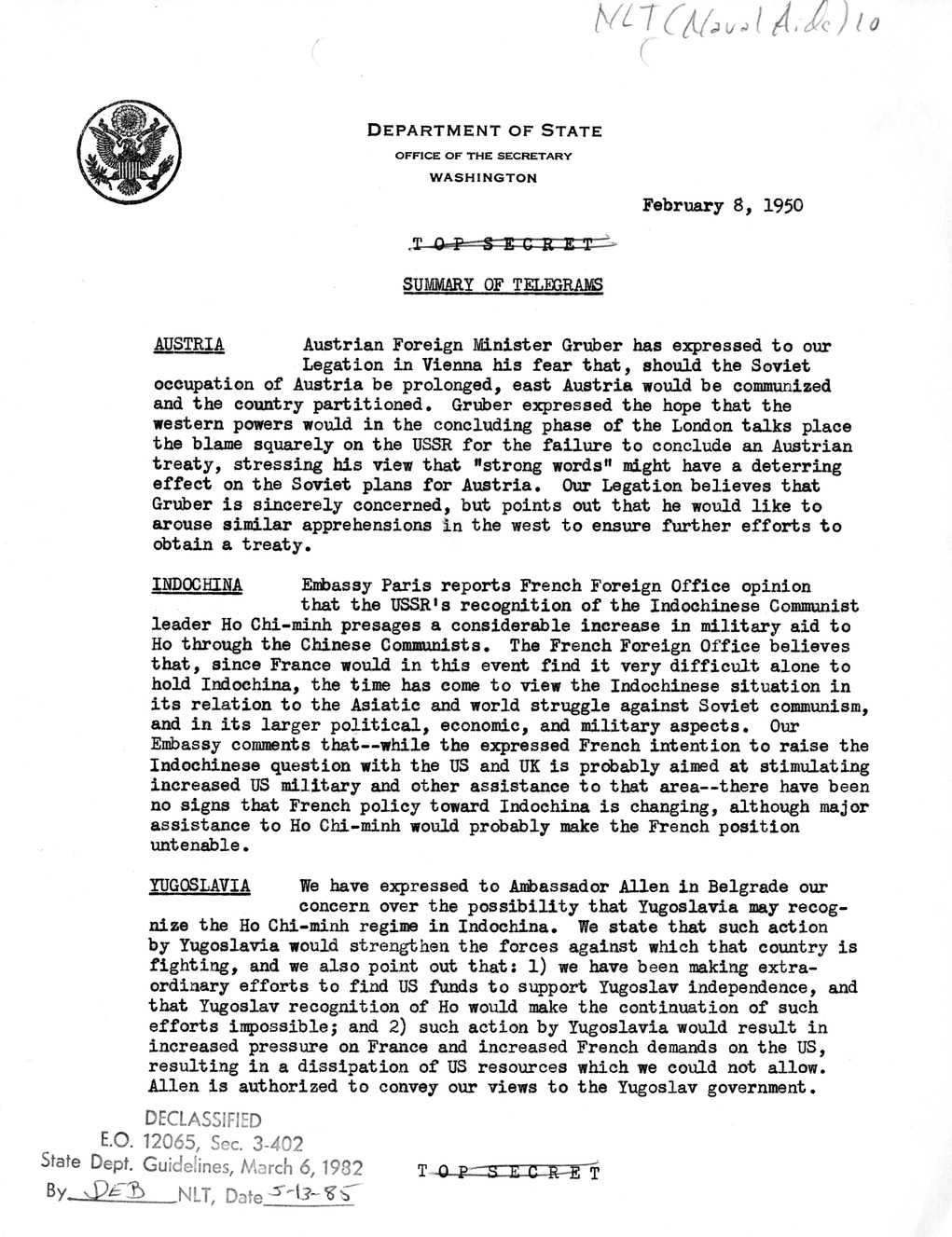 Memorandum, Department of State Summary of Telegrams