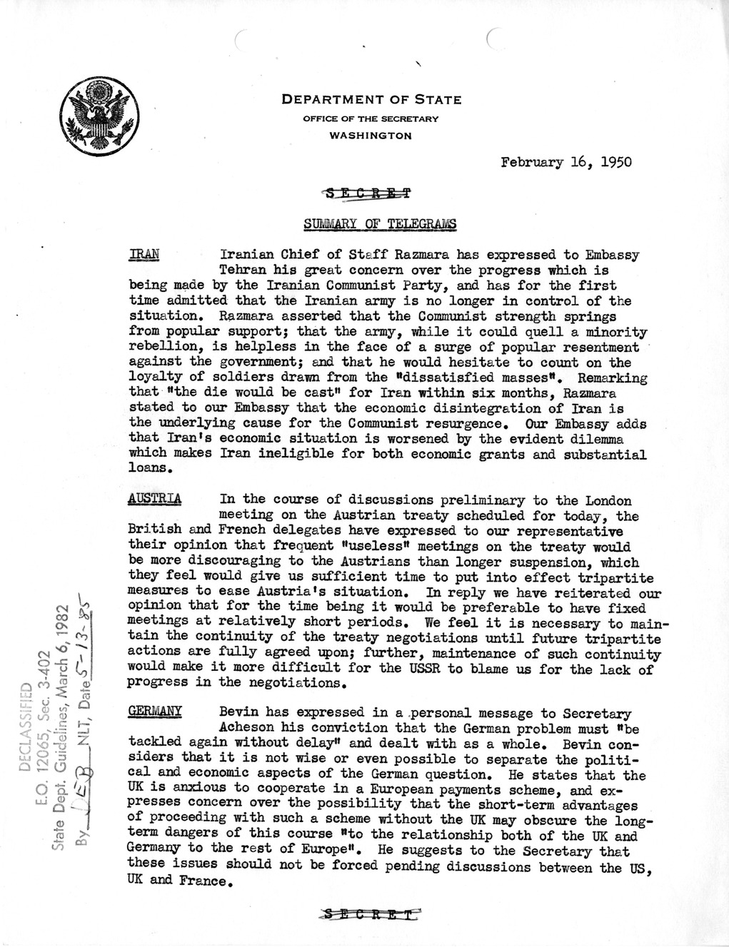 Memorandum, State Department Summary of Telegrams
