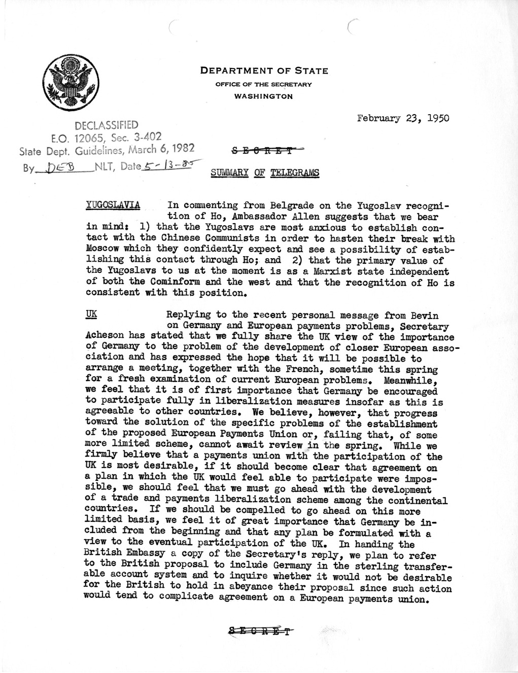 Memorandum, Department of State Summary of Telegrams