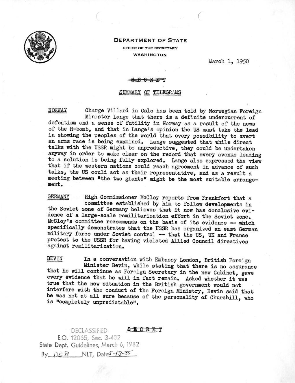 Memorandum, Department of State Summary of Telegrams