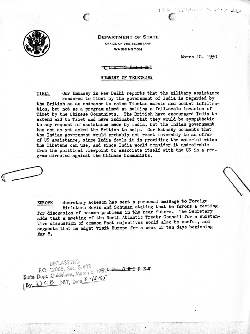 Memorandum, State Department Summary of Telegrams [Sanitized]