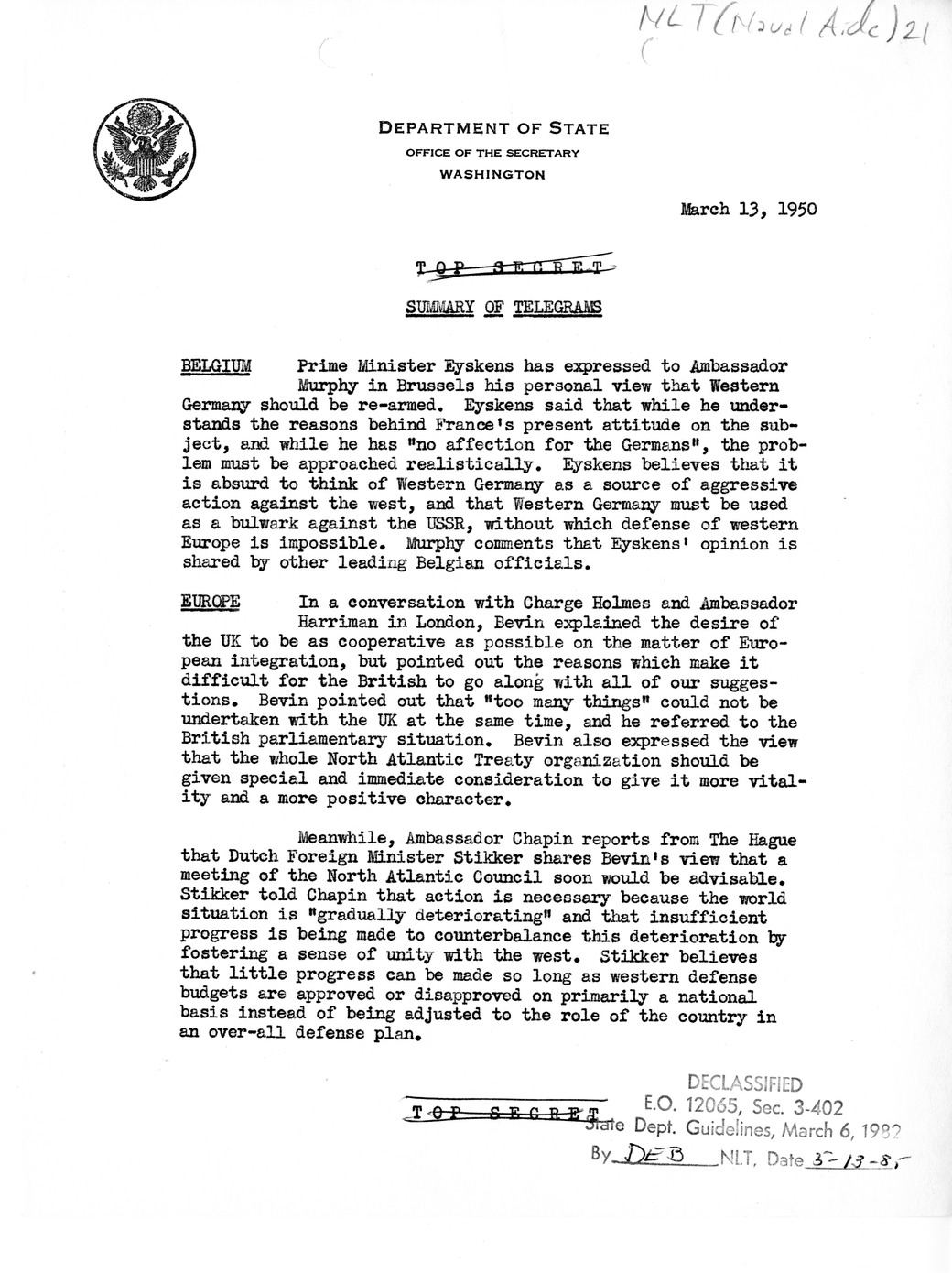 Memorandum, State Department Summary of Telegrams