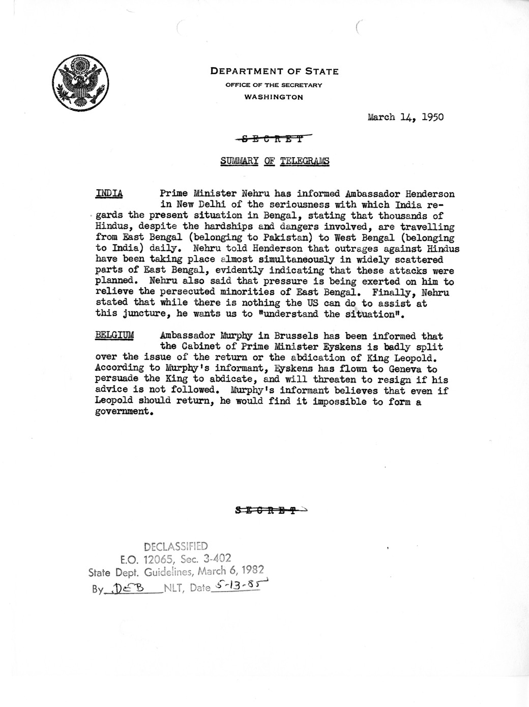 Memorandum, Department of State Summary of Telegrams