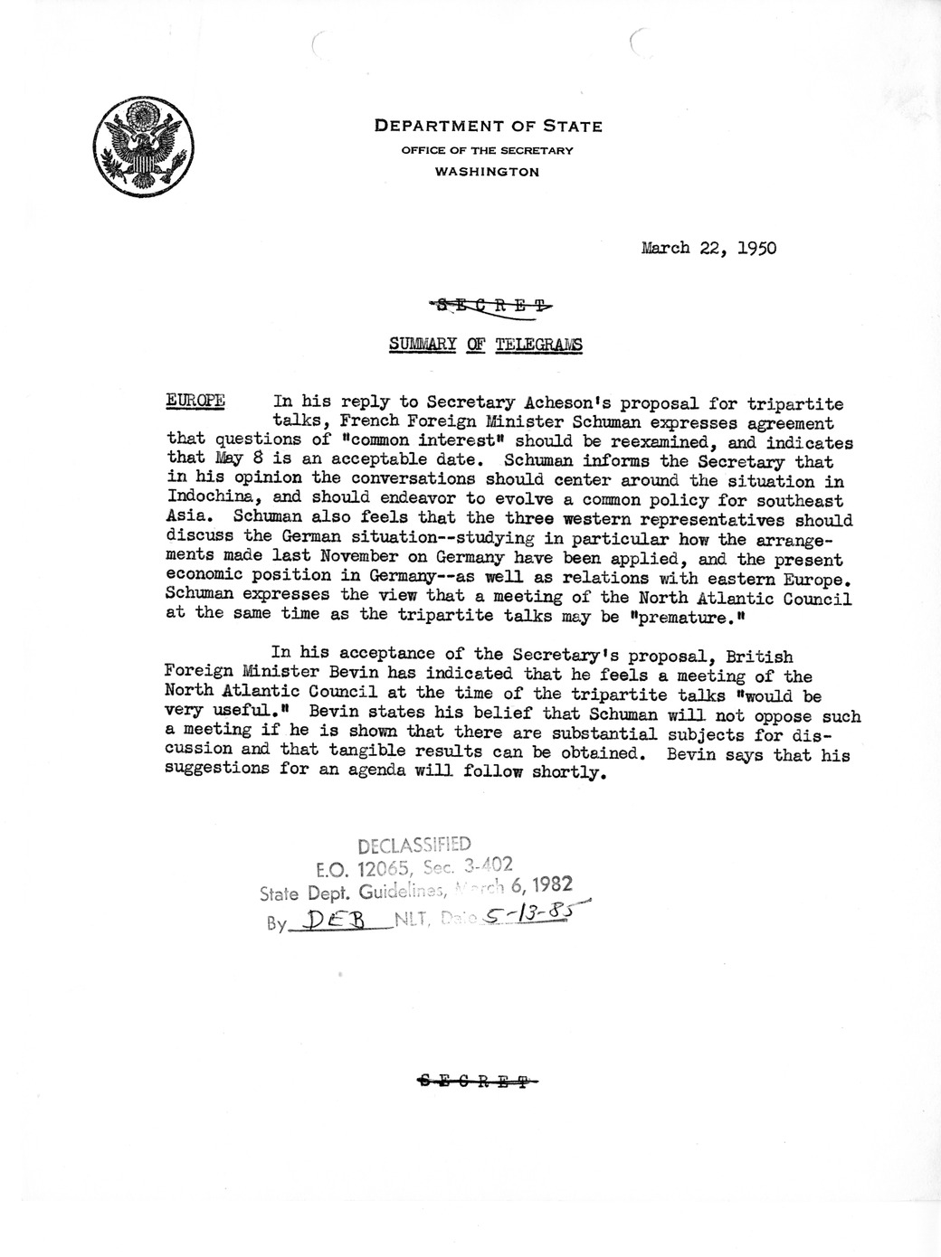 Memorandum, Department of State Summary of Telegrams