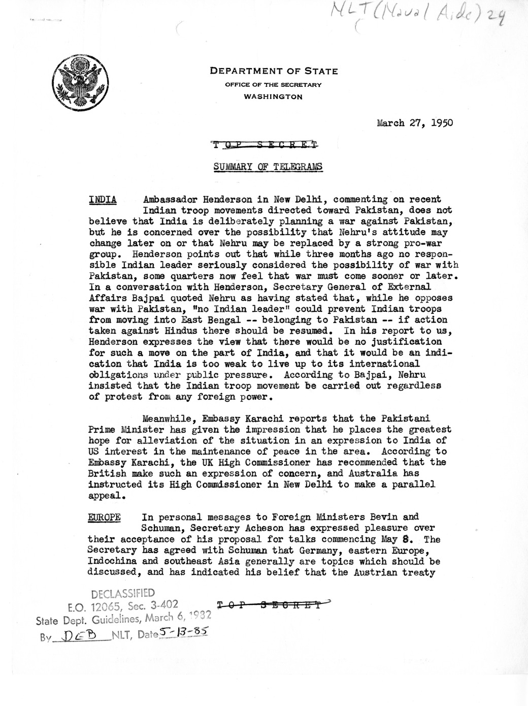 Memorandum, Department of State Summary of Telegrams