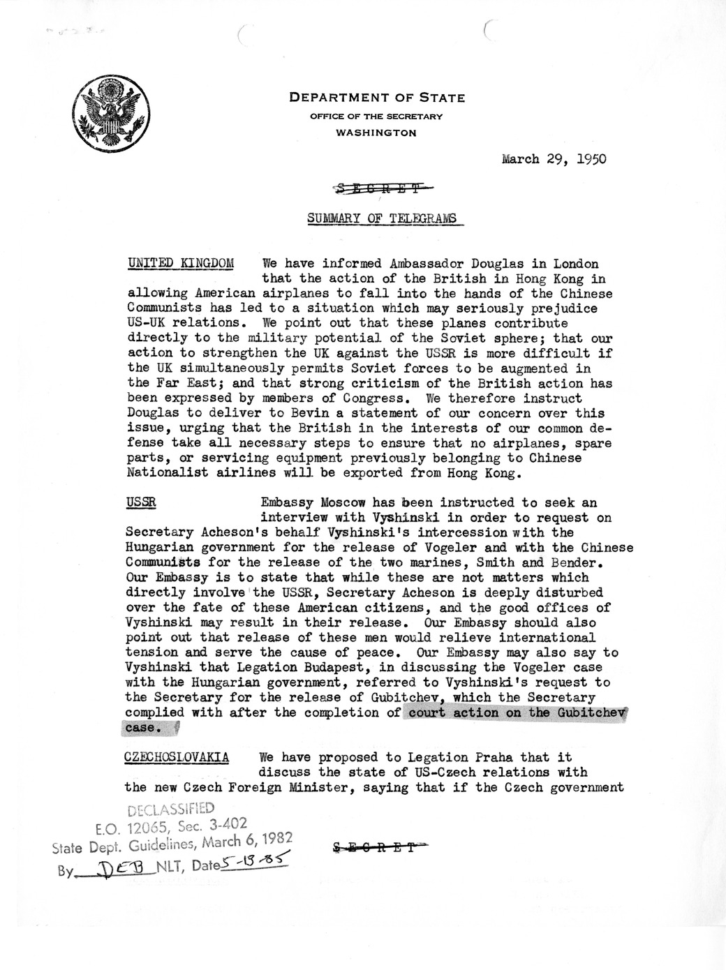 Memorandum, Department of State Summary of Telegrams