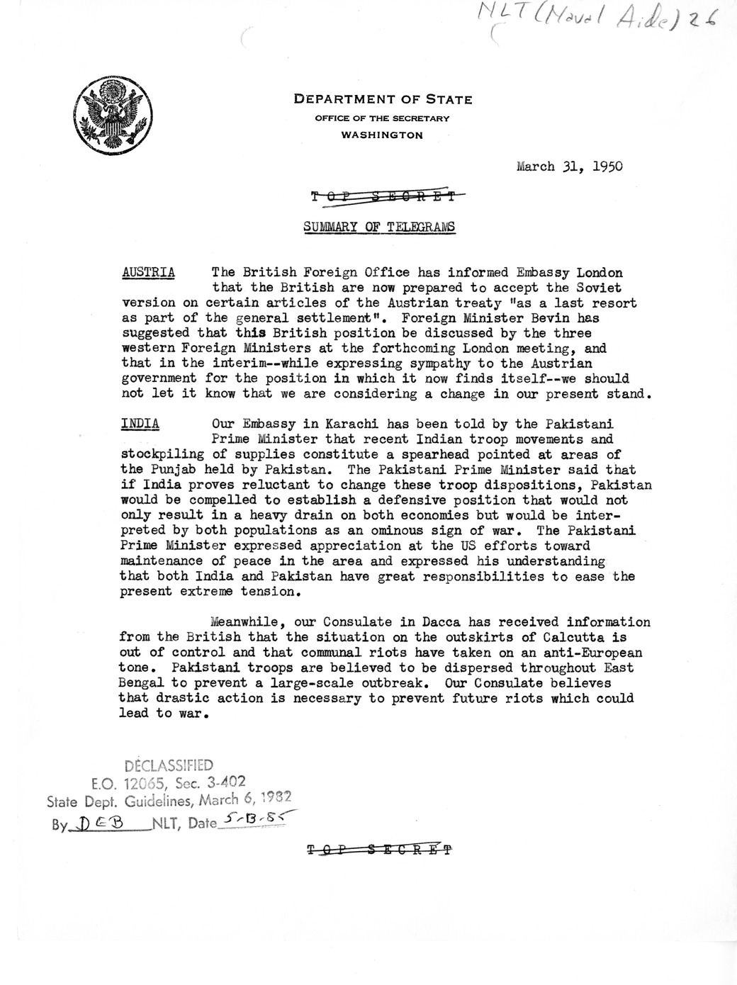 Memorandum, Department of State Summary of Telegrams