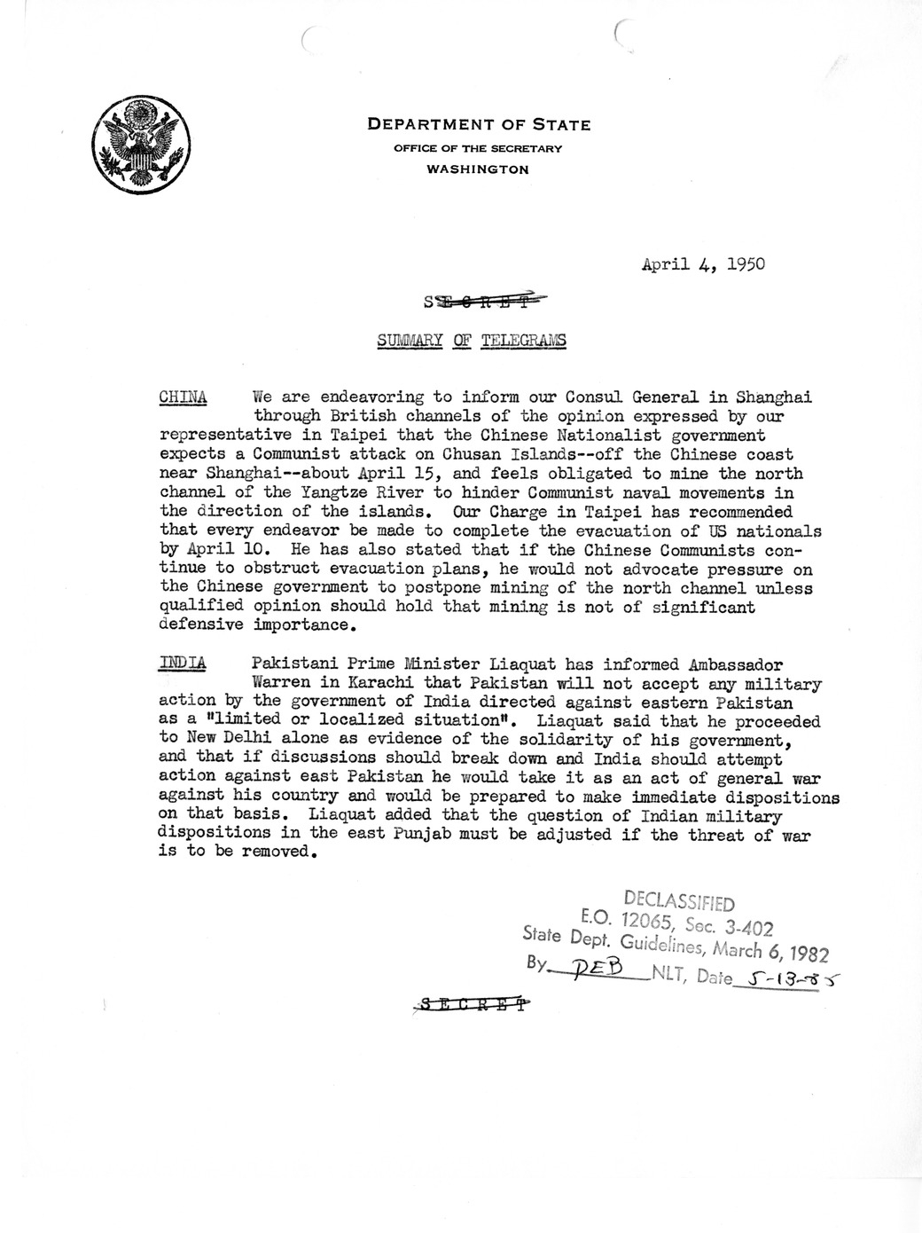 Memorandum, Department of State Summary of Telegrams