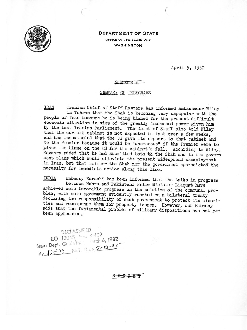 Memorandum, State Department Summary of Telegrams