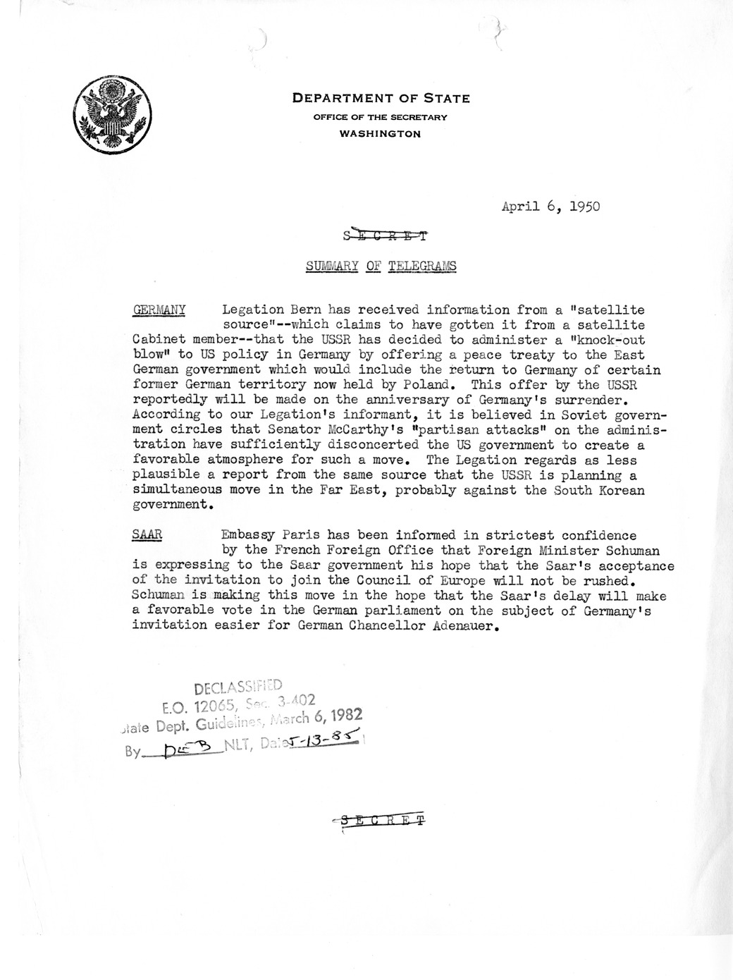 Memorandum, State Department Summary of Telegrams