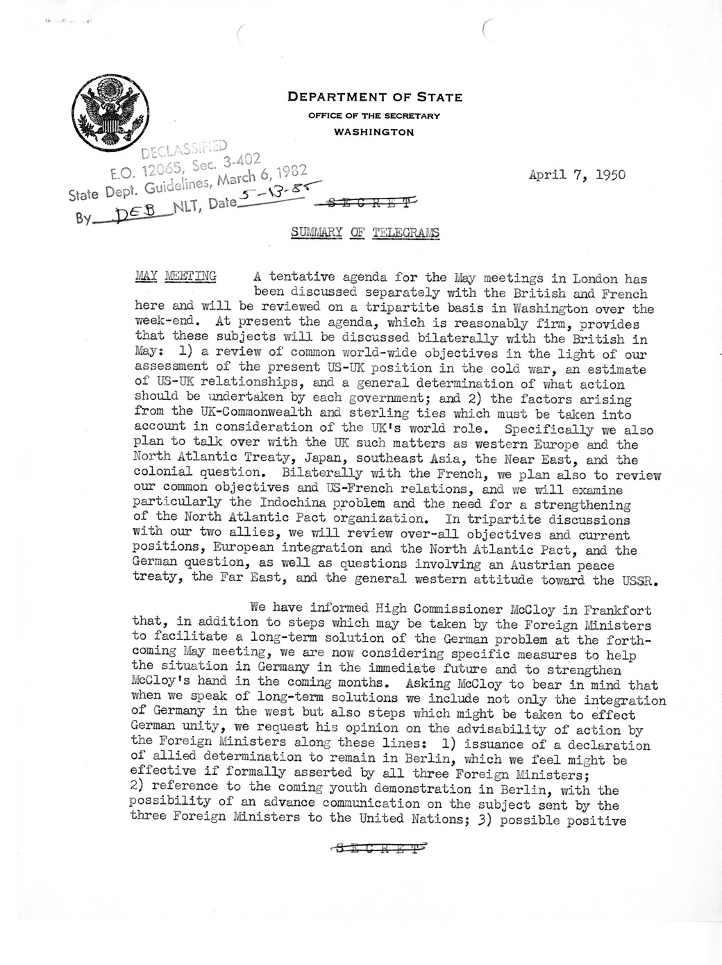 Memorandum, State Department Summary of Telegrams