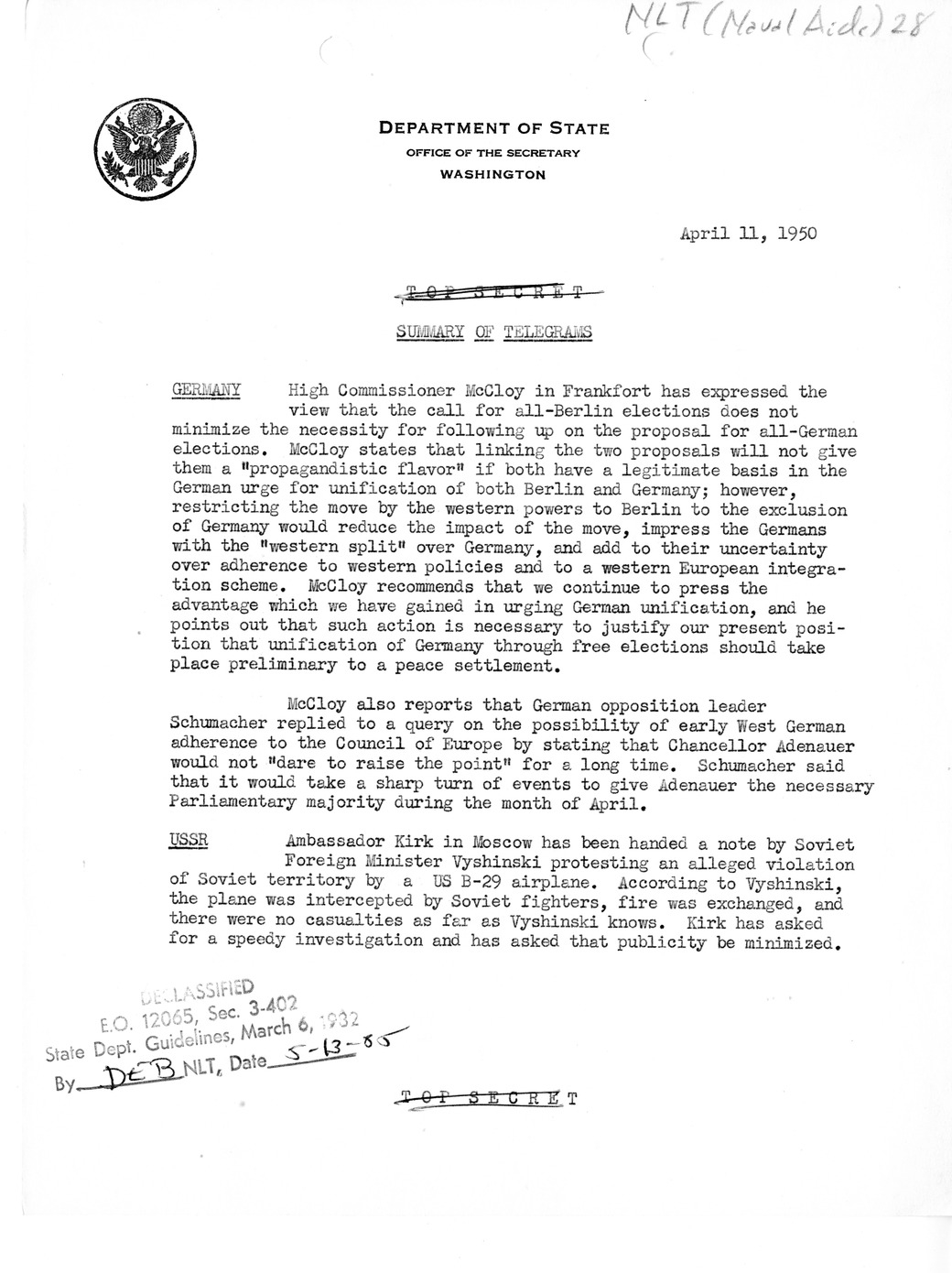 Memorandum, Department of State Summary of Telegrams