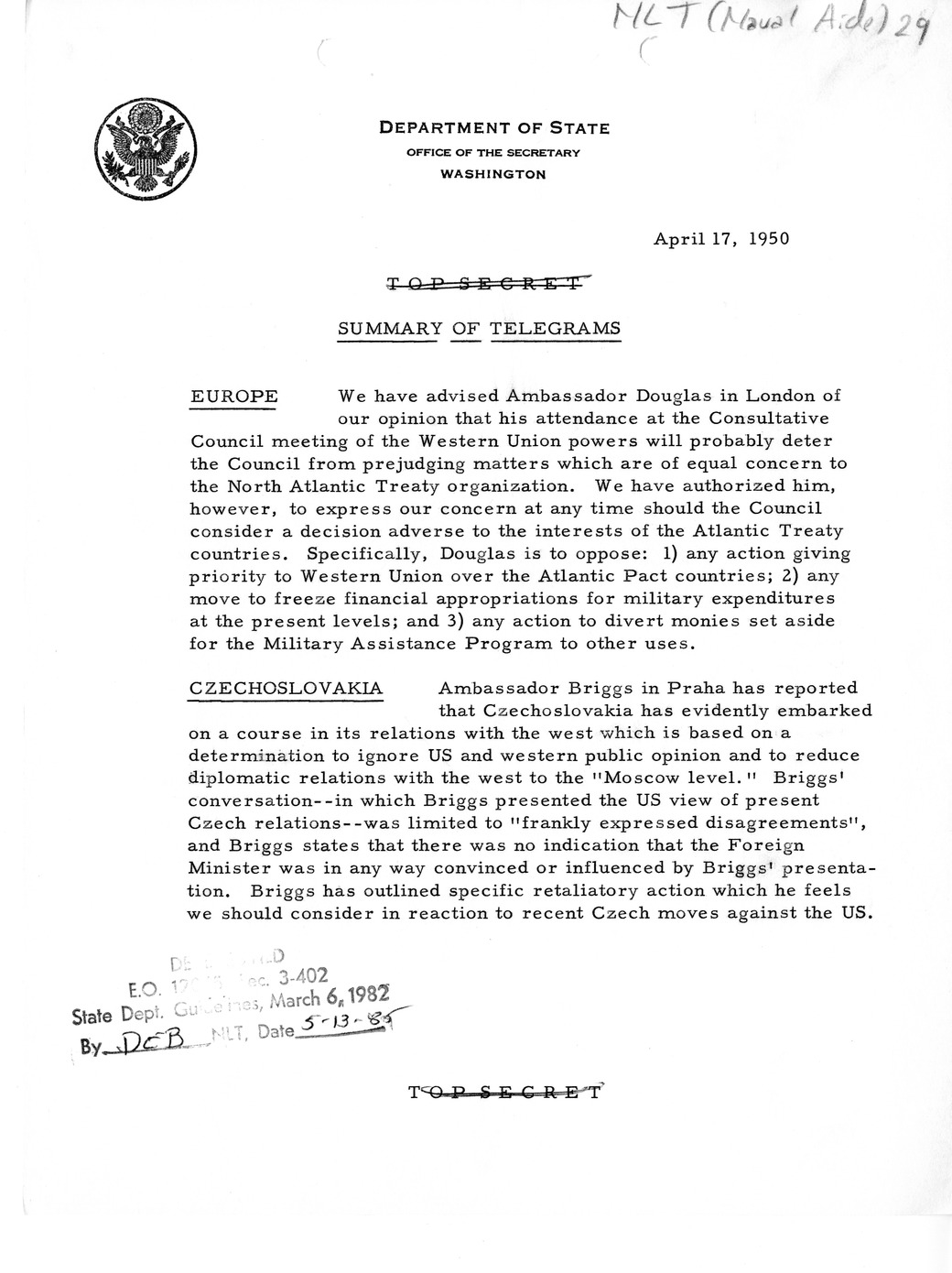 Memorandum, State Department Summary of Telegrams