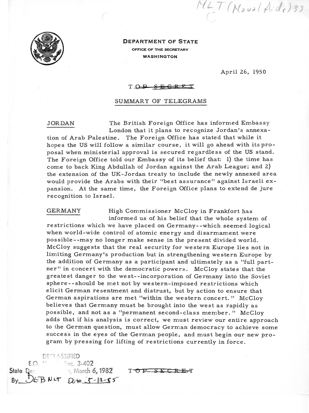 Memorandum, Department of State Summary of Telegrams