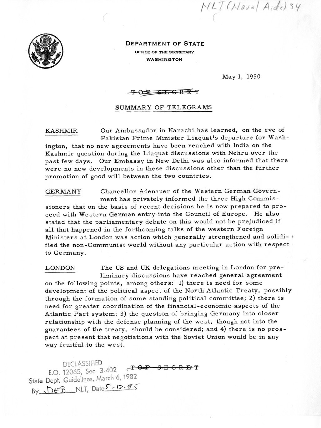 Memorandum, State Department Summary of Telegrams