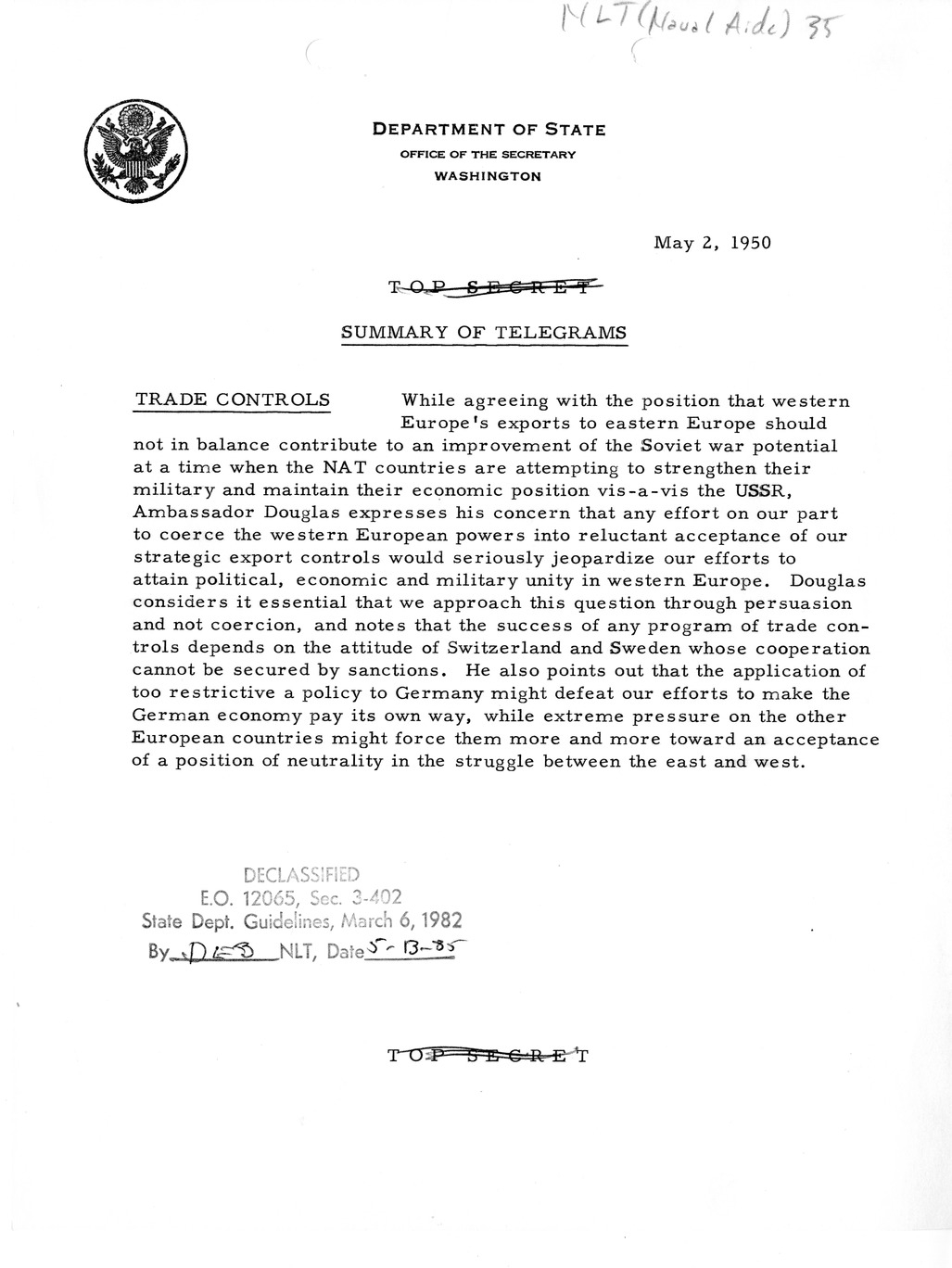 Memorandum, Department of State Summary of Telegrams
