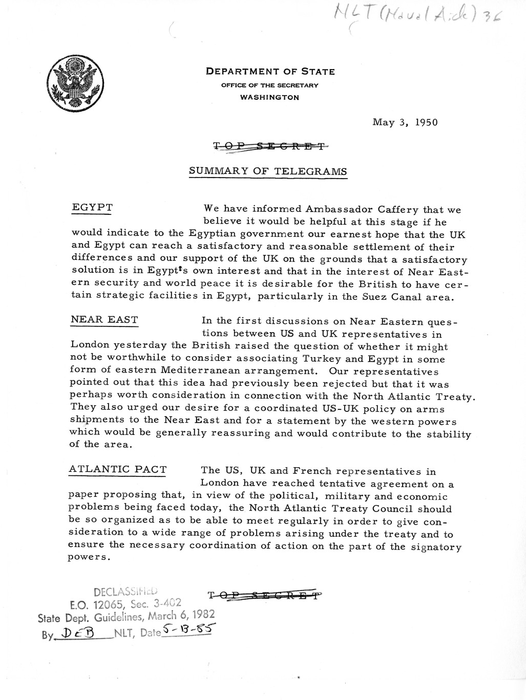 Memorandum, Department of State Summary of Telegrams