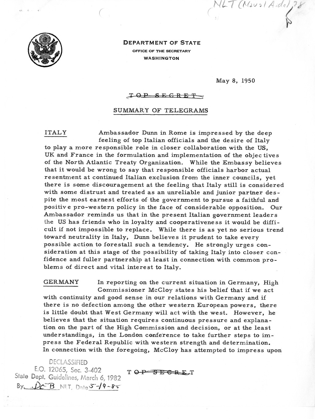 Memorandum, State Department Summary of Telegrams