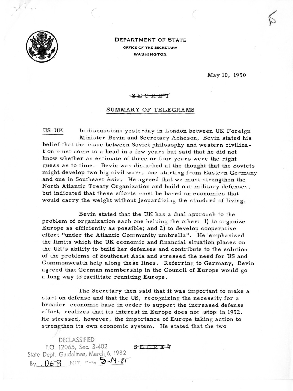 Memorandum, Department of State Summary of Telegrams