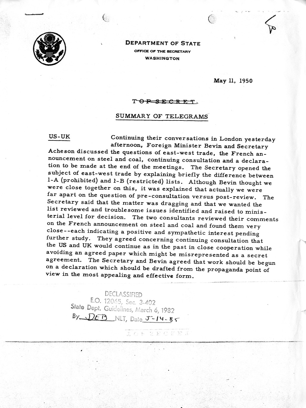 Memorandum, State Department Summary of Telegrams [Sanitized]