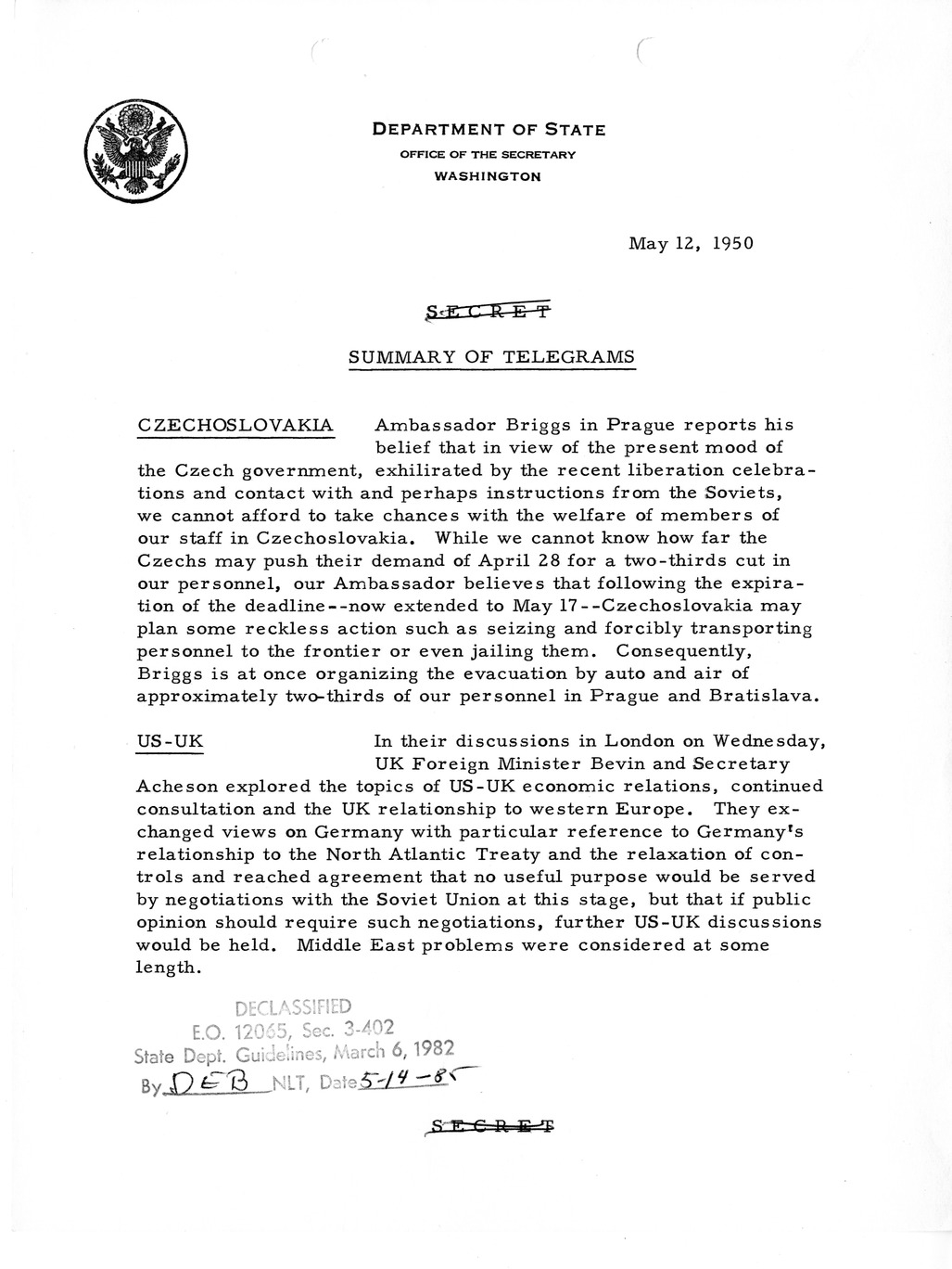 Memorandum, Department of State Summary of Telegrams