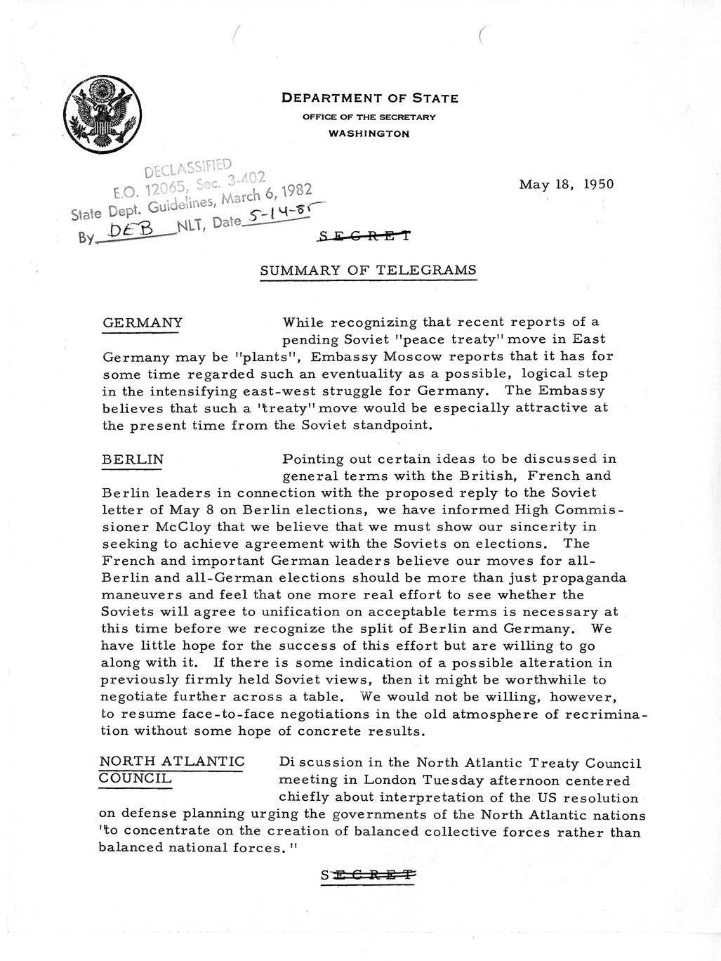 Memorandum, Department of State Summary of Telegrams