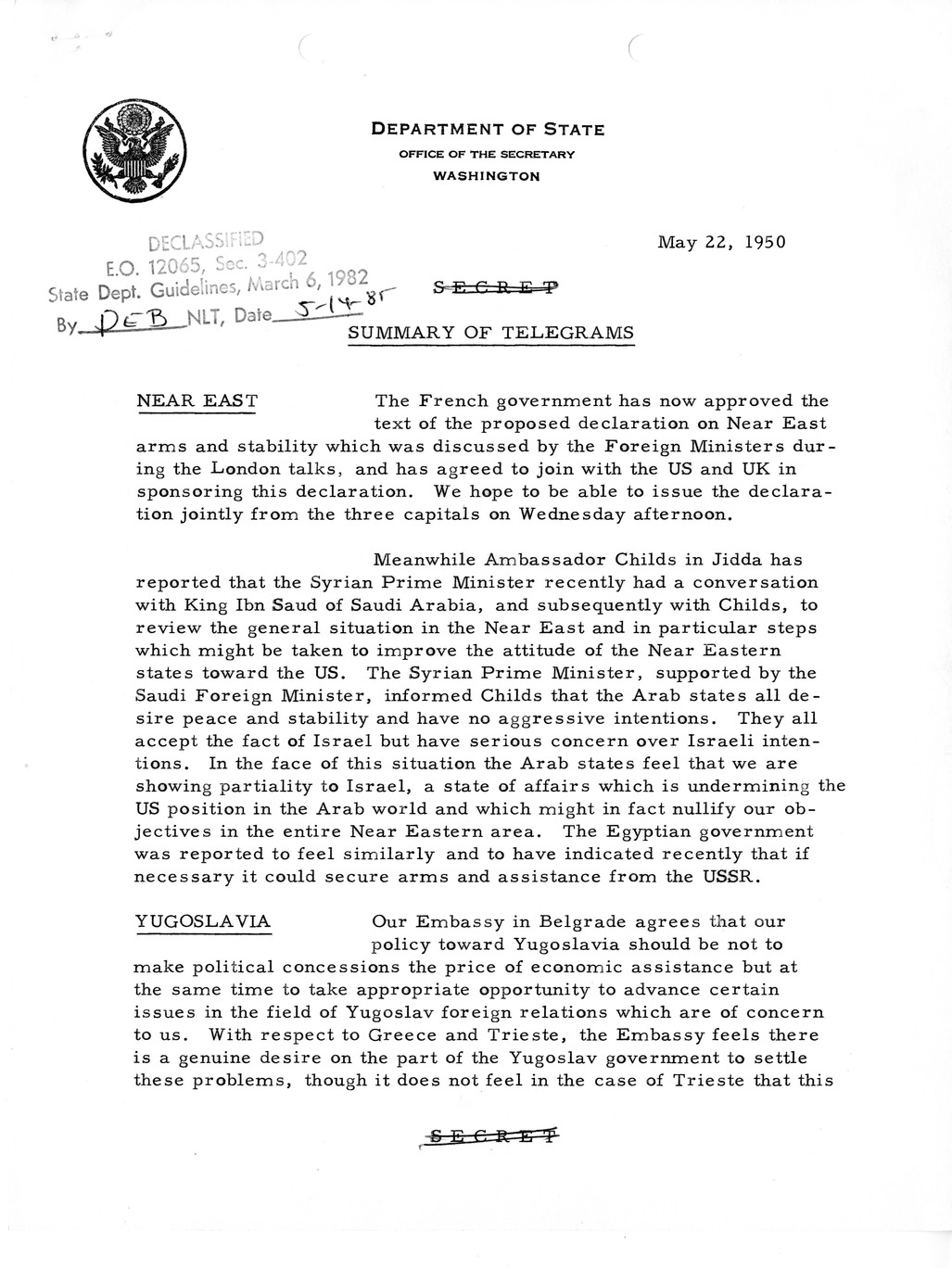 Memorandum, State Department Summary of Telegrams