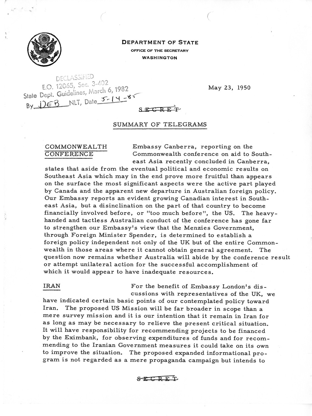 Memorandum, State Department Summary of Telegrams