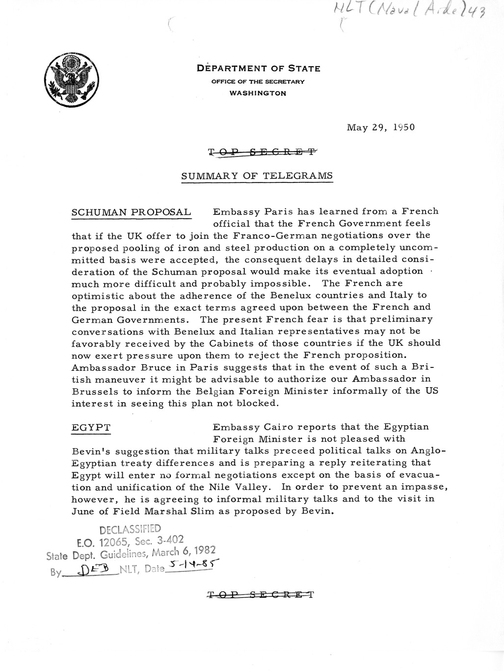 Memorandum, State Department Summary of Telegrams