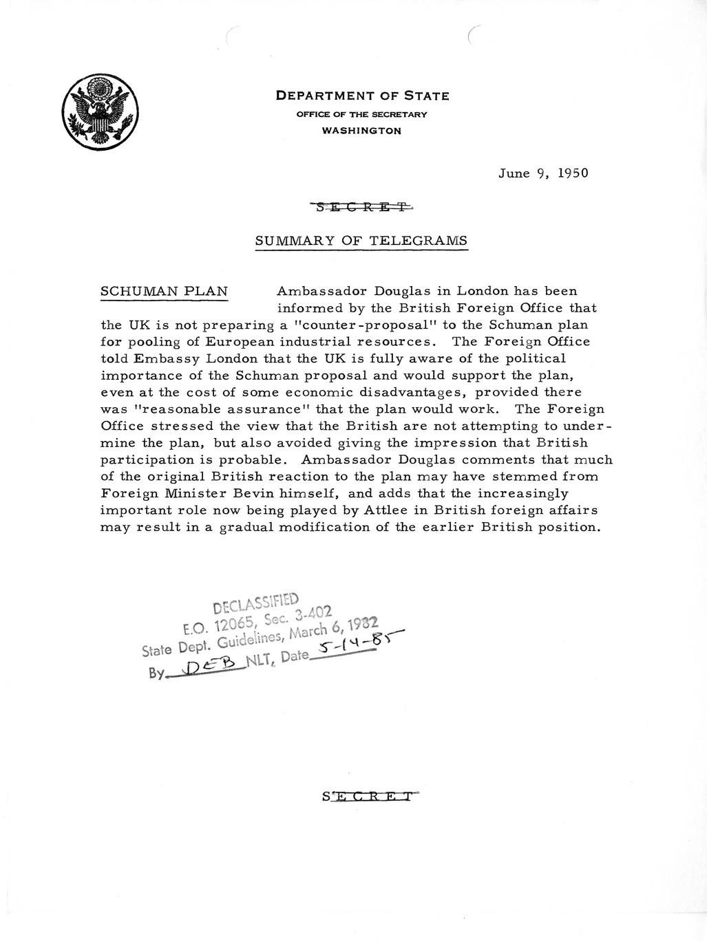 Memorandum, Department of State Summary of Telegrams