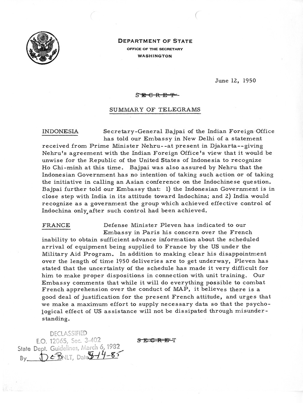 Memorandum, Department of State Summary of Telegrams