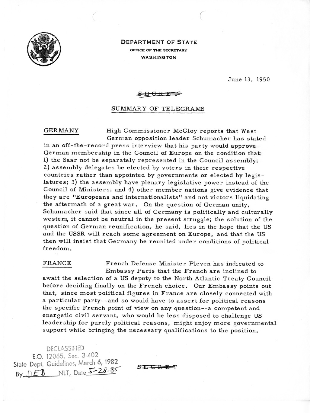 Memorandum, Department of State Summary of Telegrams
