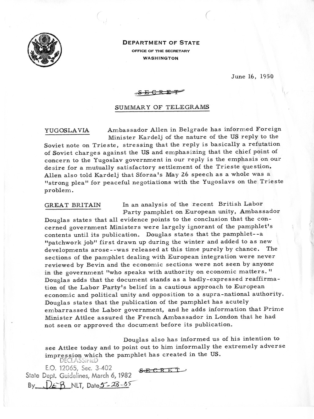 Memorandum, Department of State Summary of Telegrams