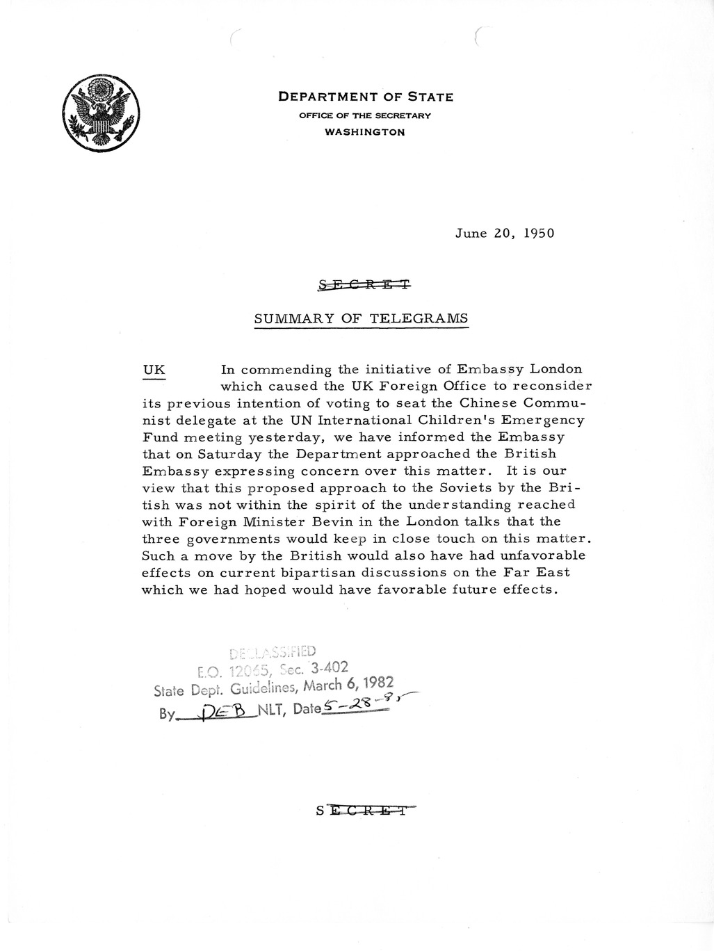 Memorandum, Department of State Summary of Telegrams