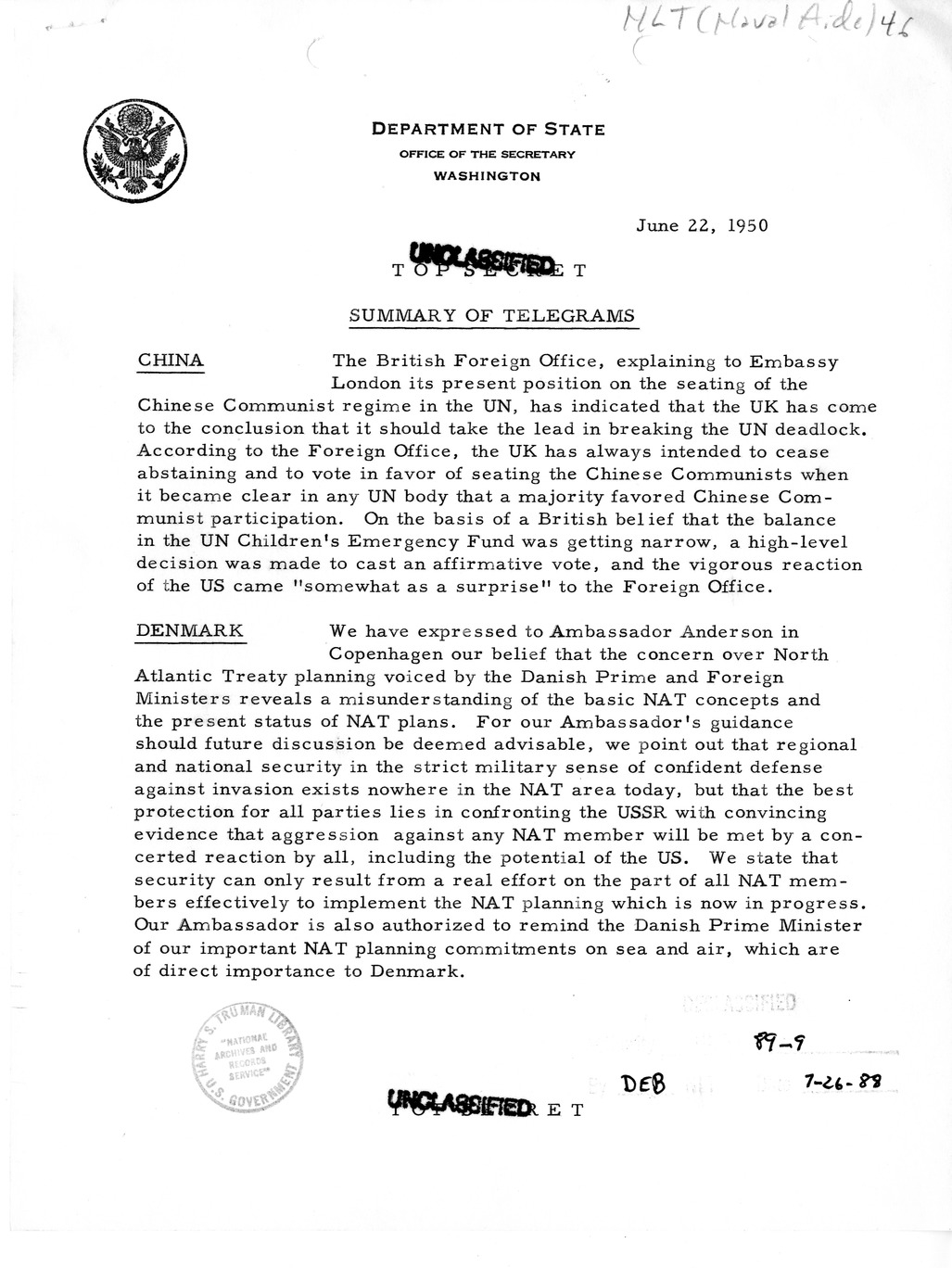 Memorandum, Department of State Summary of Telegrams