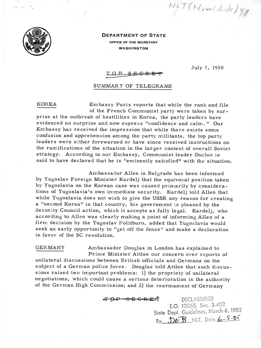 Memorandum, Department of State Summary of Telegrams