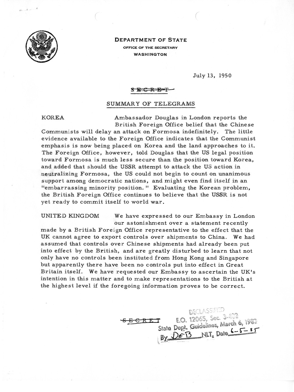 Memorandum, Department of State Summary of Telegrams