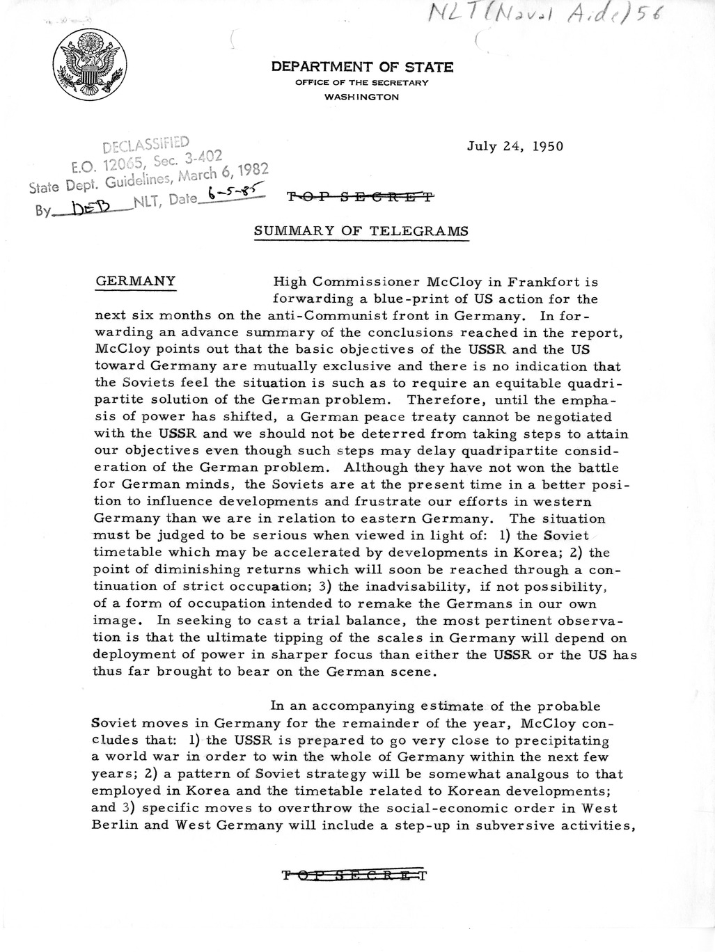Memorandum, Department of State Summary of Telegrams