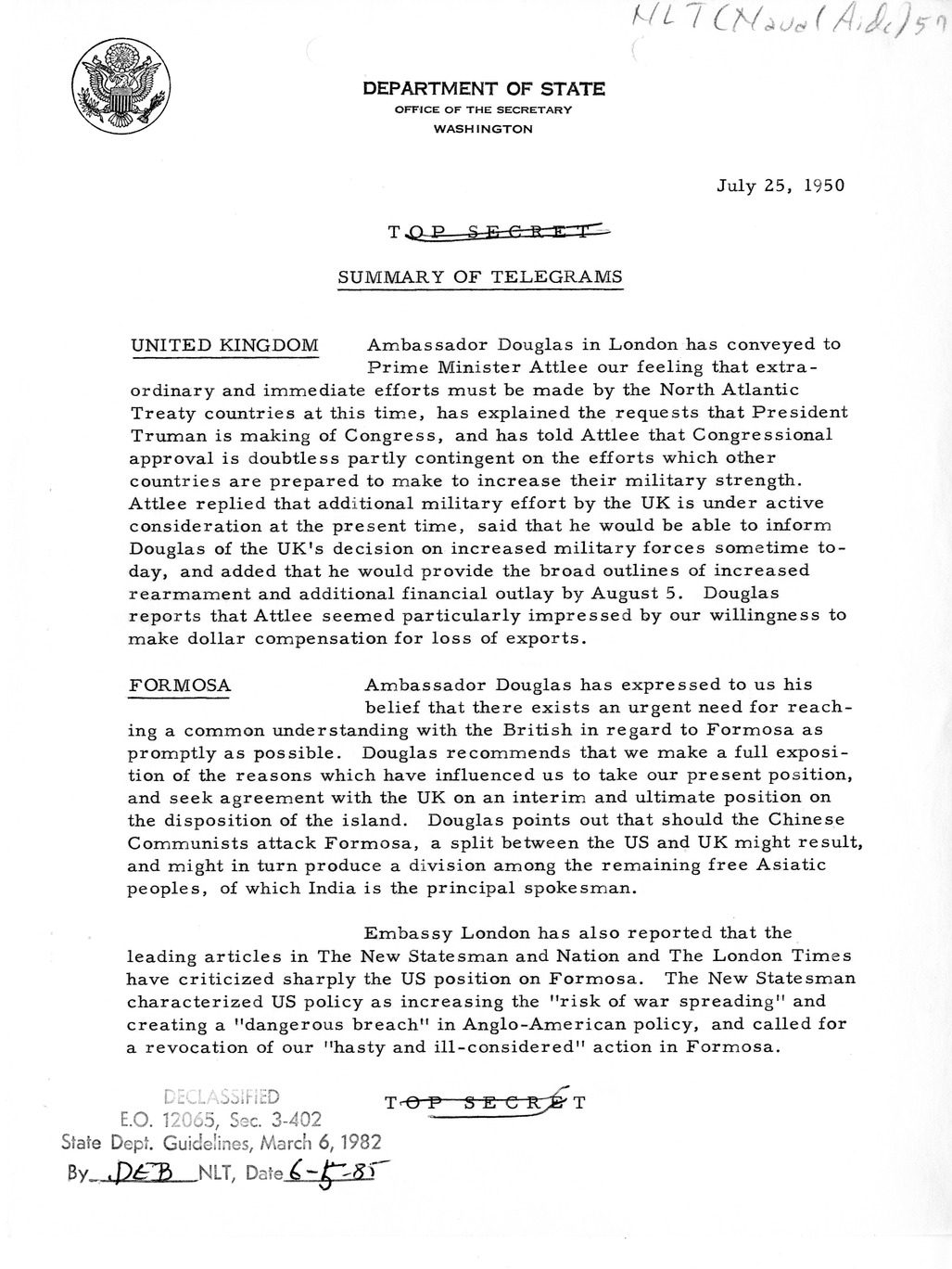 Memorandum, State Department Summary of Telegrams