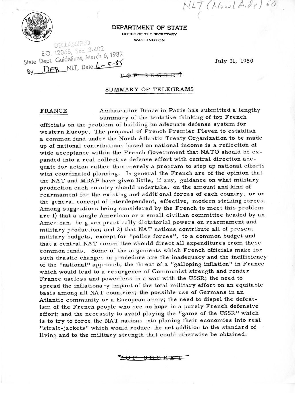 Memorandum, Department of State Summary of Telegrams