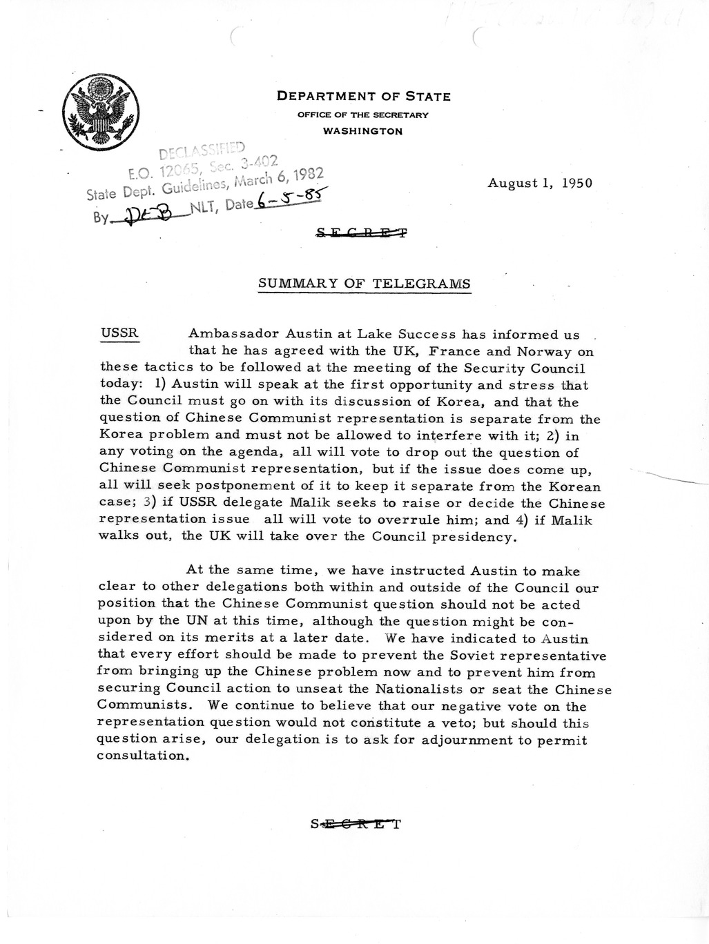 Memorandum, State Department Summary of Telegrams