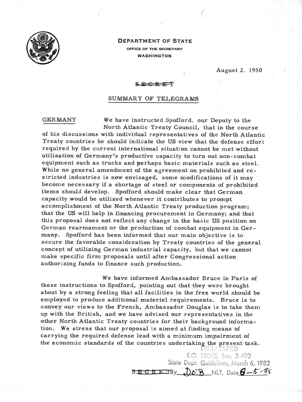 Memorandum, State Department Summary of Telegrams