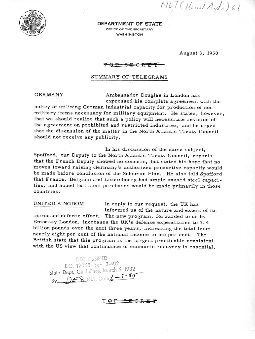 Memorandum, Department of State Summary of Telegrams