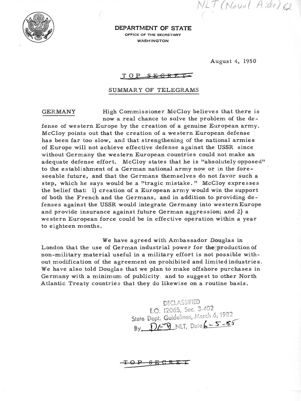 Memorandum, Department of State Summary of Telegrams