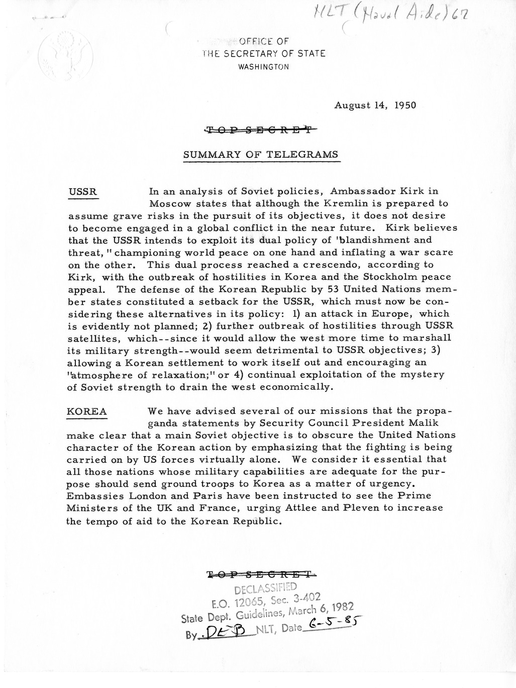 Memorandum, State Department Summary of Telegrams