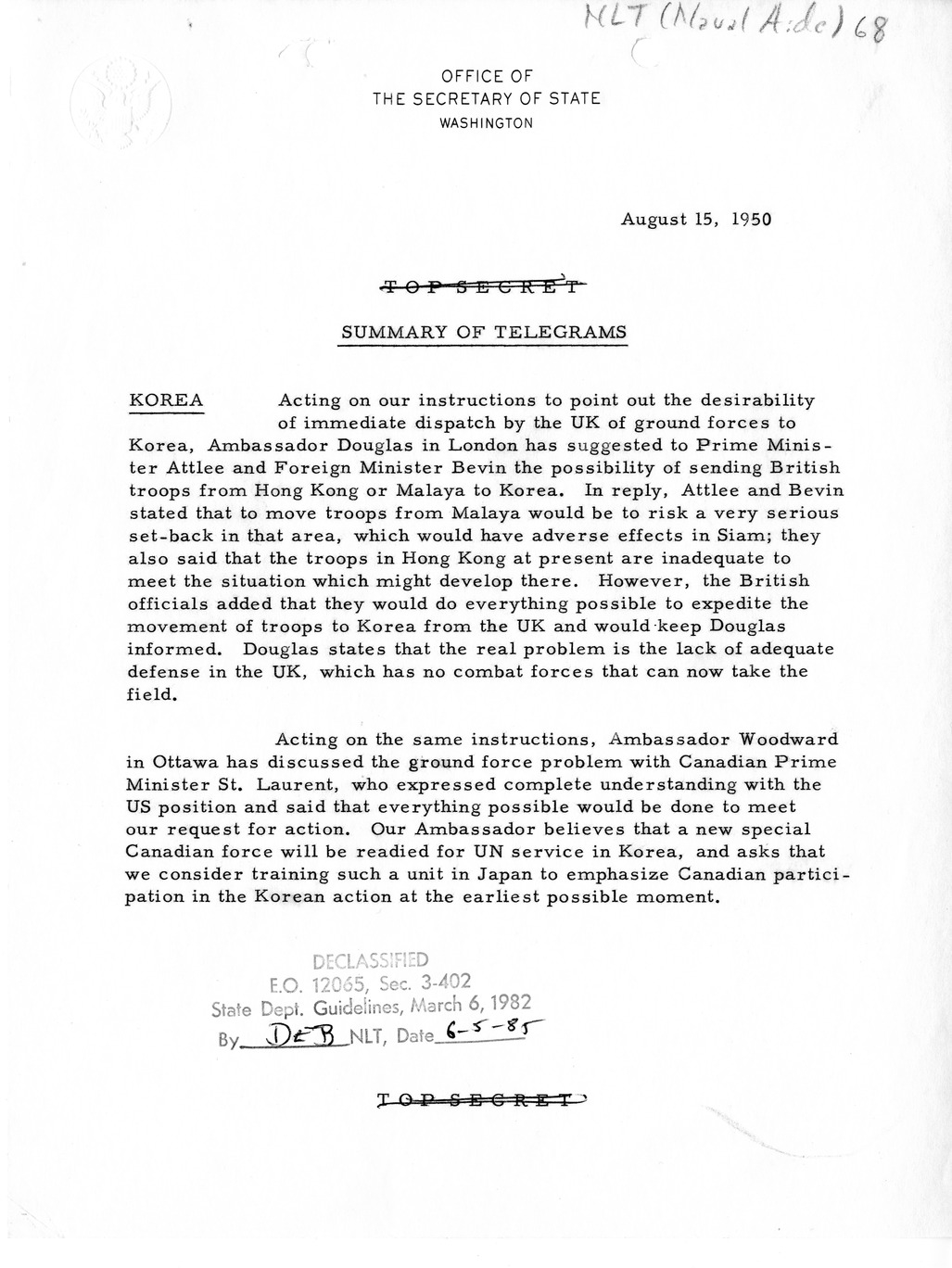 Memorandum, Department of State Summary of Telegrams